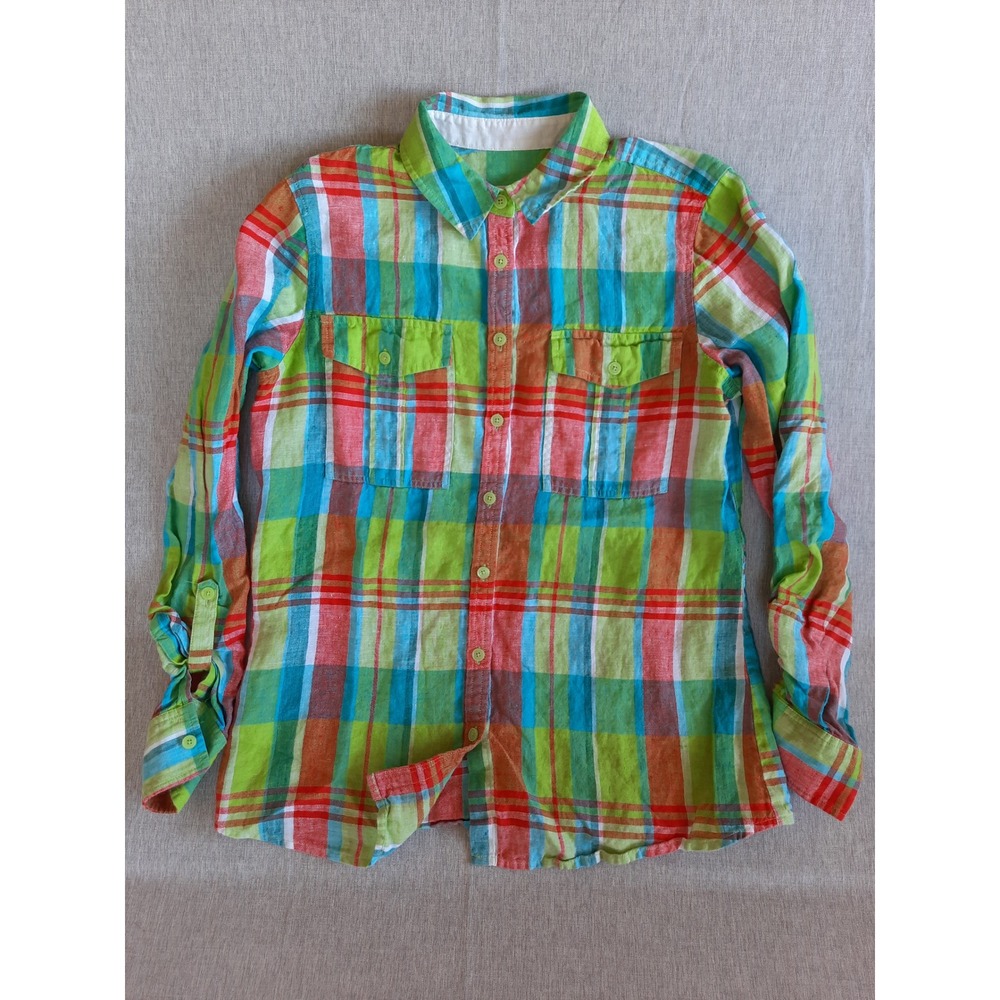 Orvis women 6  Pure Linen Plaid Long-sleeve Multicolor Button Shirt Front Pocket